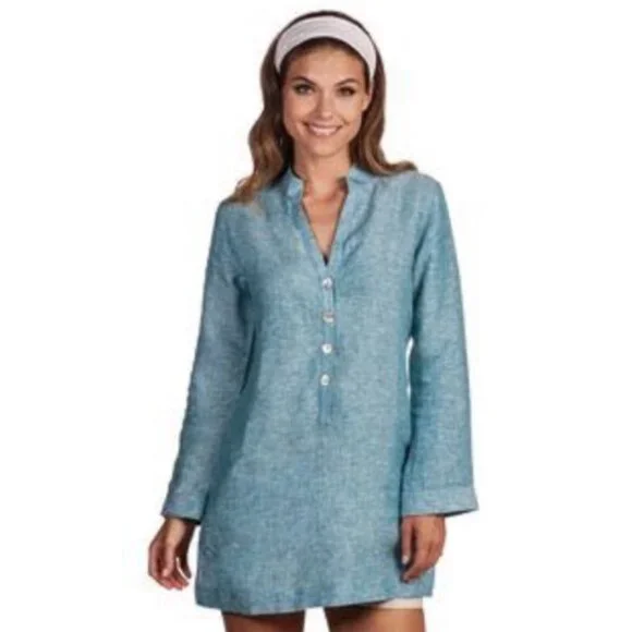 Island Company 100% linen blue shell kimono tunic coverup top M - Picture 2 of 10
